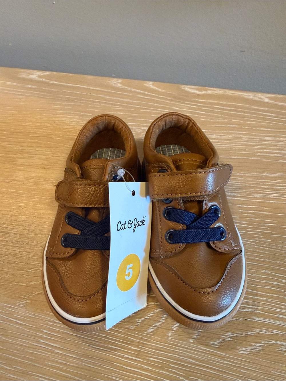 Cat & Jack Brown Sneakers with Navy Laces and Hook Strap